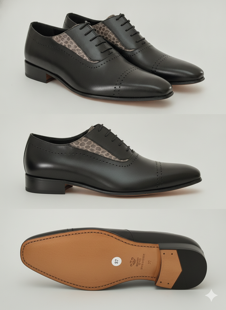 Black Leather Oxford Dress Shoes with Pattern Detail