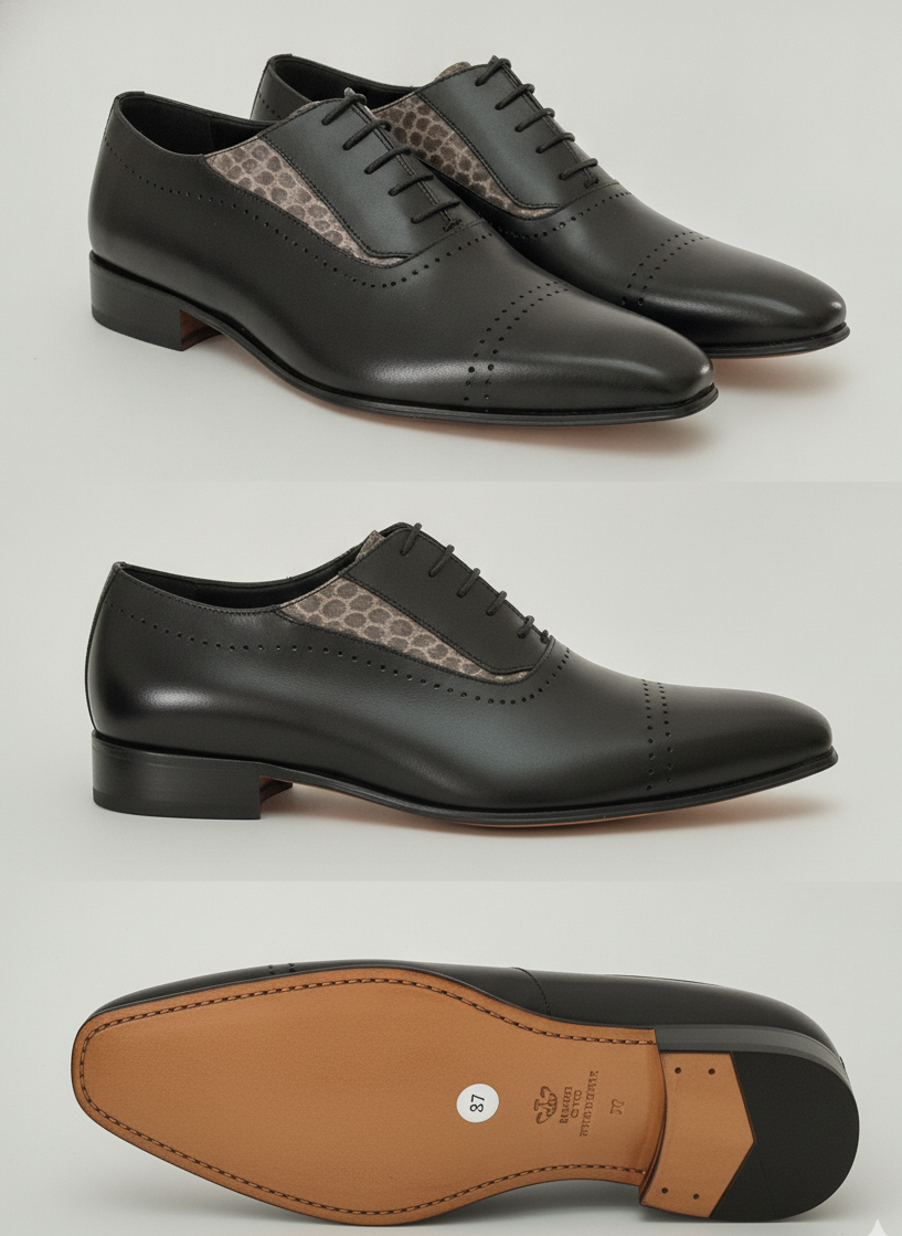 Black Leather Cap-Toe Oxford Shoes with Patterned Panels
