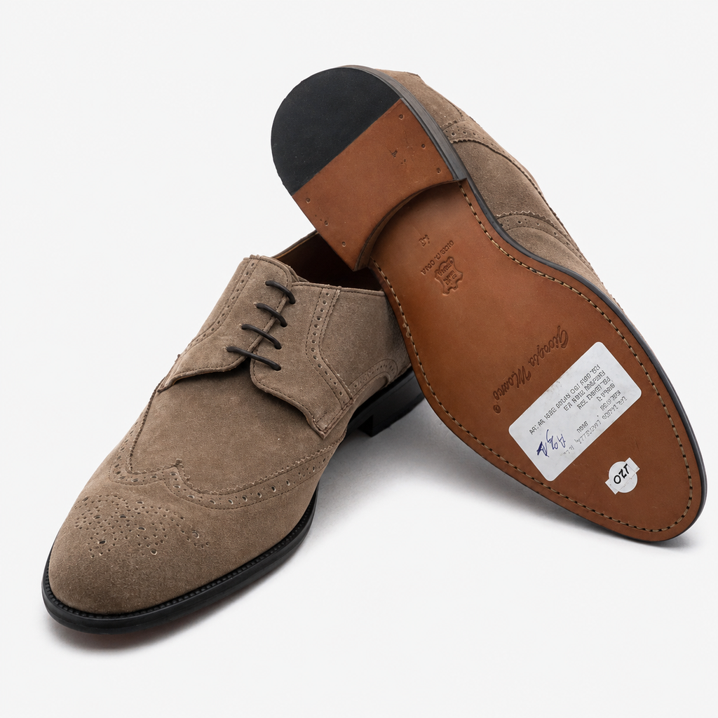 Derbies Brogue en Daim Taupe à Semelle Cuir