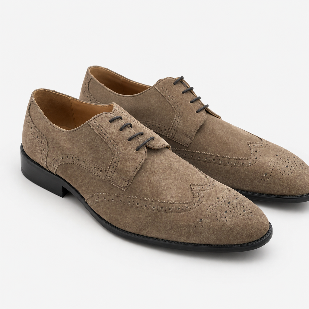 Derbies Brogue en Daim Taupe à Semelle Cuir